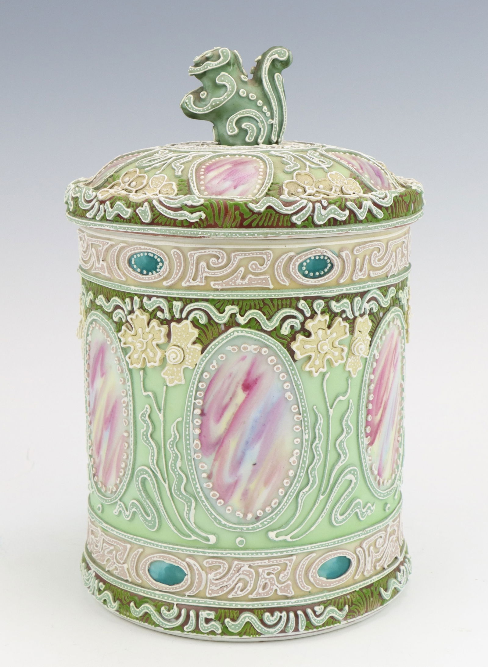 Nippon Porcelain Humidor: Nippon porcelain lidded humidor, c. 1891-1921, hand painted moriage decoration, jeweled with faux marble painted embellishments, marked, 7.75"h x 4.75"dia.