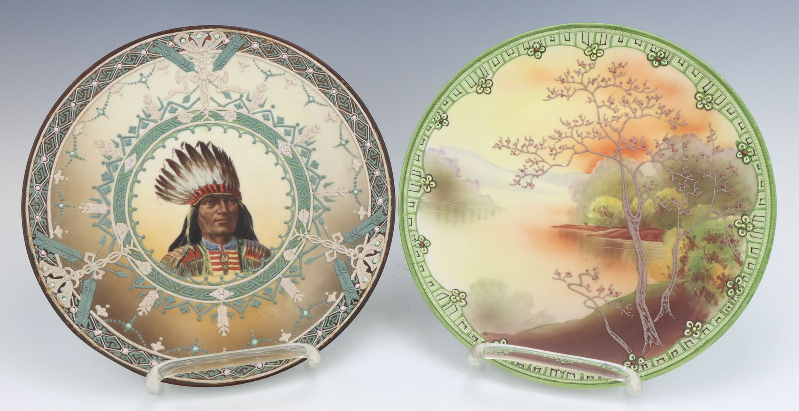 Nippon Porcelain Plates: Nippon porcelain plates (2), c. 1891-1921, hand painted with moriage decoration, marked, larger 10"dia.