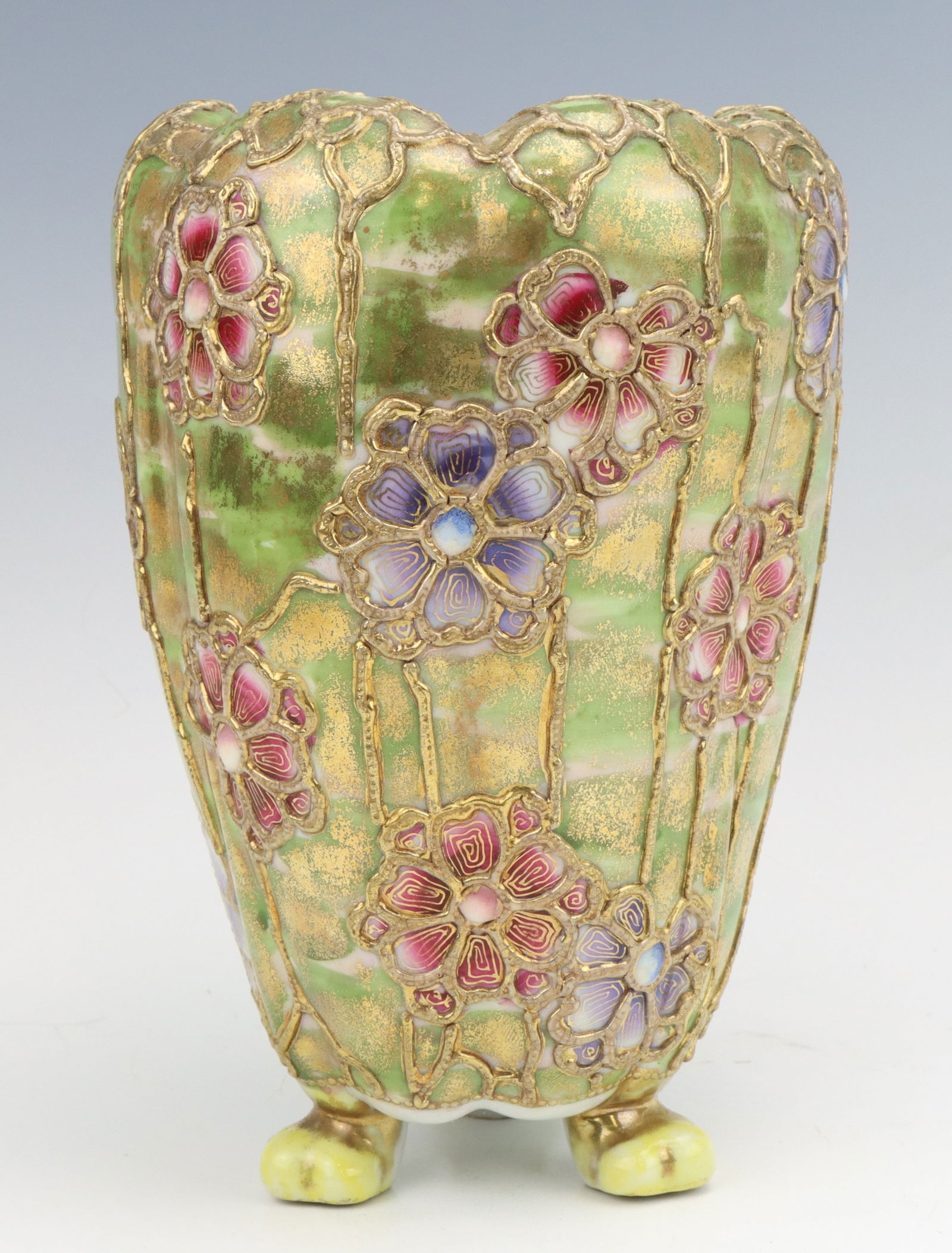 Nippon Porcelain Vase: Nippon porcelain footed vase, c. 1891-1921, hand painted with gilt moriage decoration, marked, 8"h x 5.5"dia.