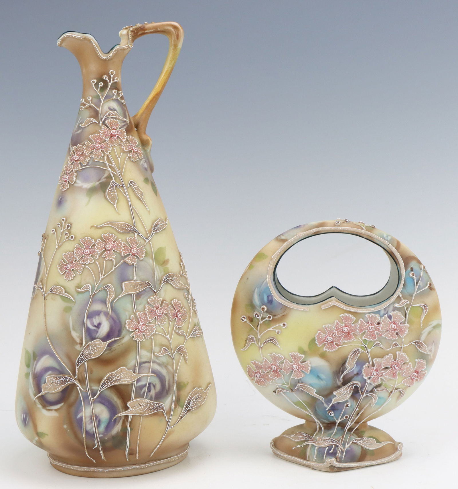 Nippon Porcelain: Nippon Royal Moriye porcelain ewer and moon vase, hand painted floral motif with moriage decoration, marked, larger 9.5"h x 4.5"dia.