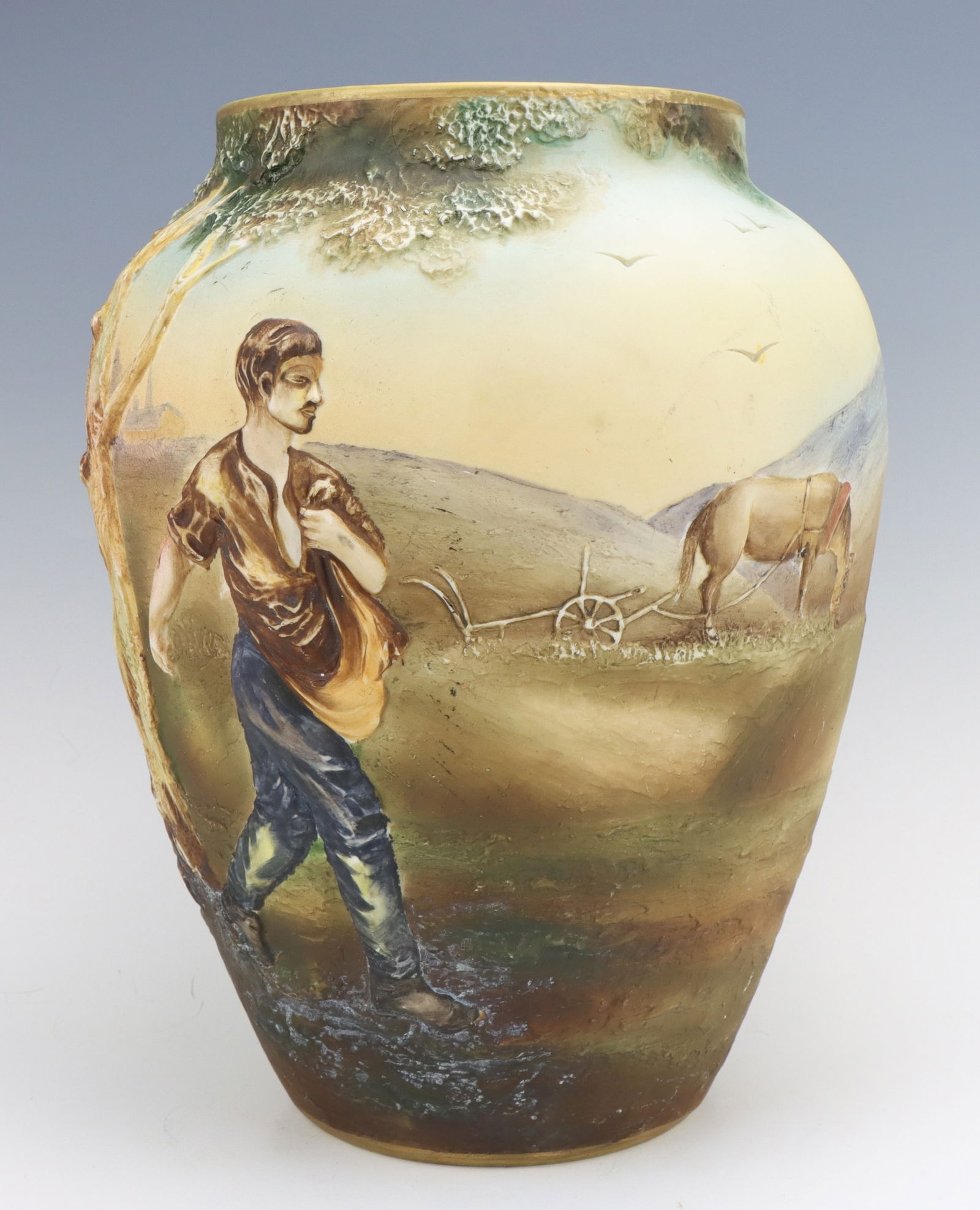 Nippon Porcelain Vase: Nippon porcelain relief vase, c. 1891-1921, hand painted rural scene, marked, 10.5"h x 8"dia.