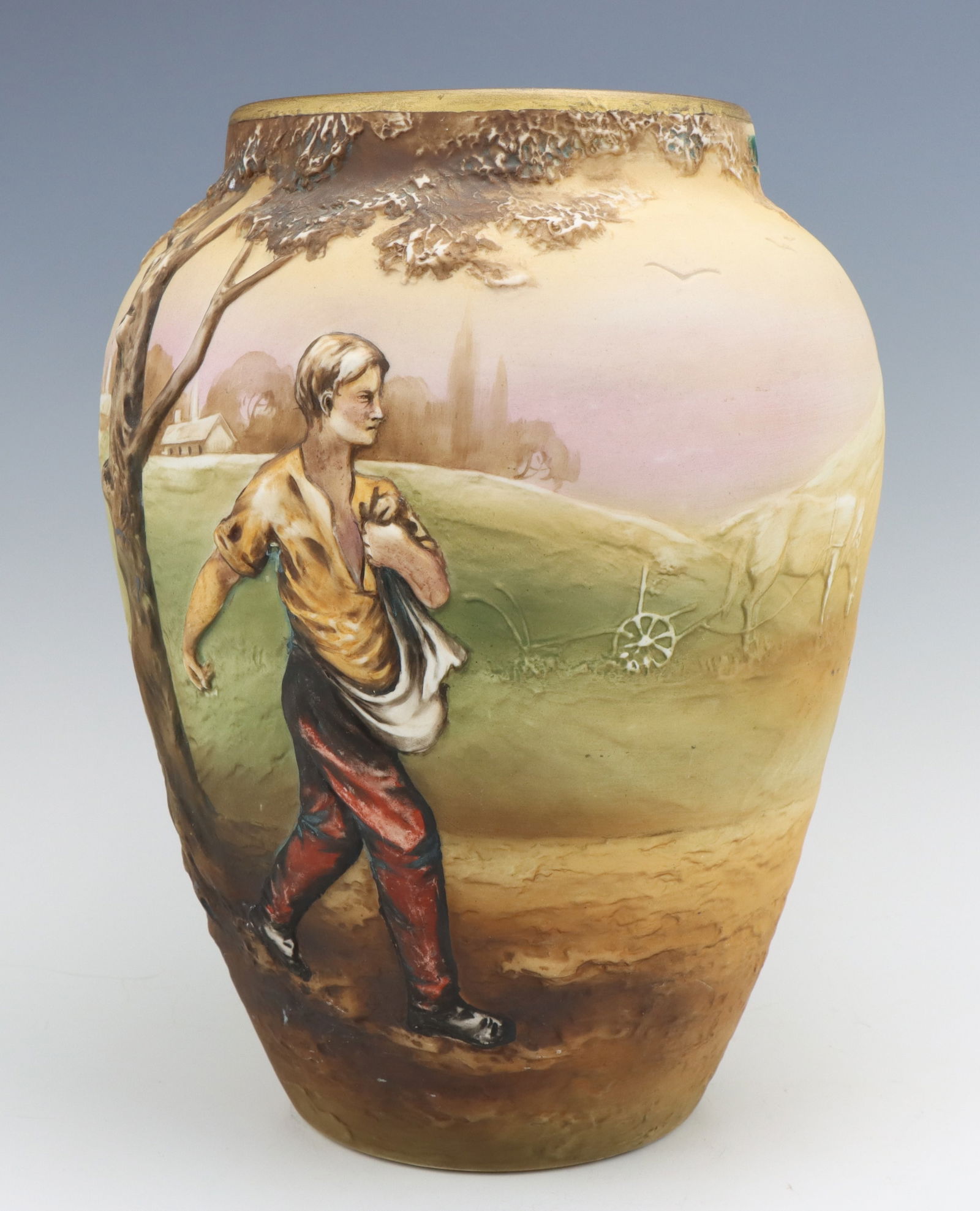Nippon Porcelain Vase: Nippon porcelain relief vase, c. 1891-1921, hand painted rural scene, marked, 10.75"h x 8"dia.