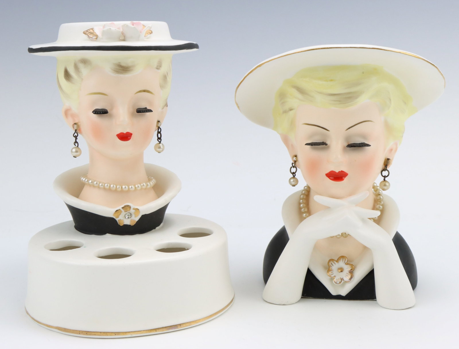 Lady Head Vase & Flower Frog: Complimenting lady head vase and lady head flower frog, original accessories, earring reattached on both pieces, both hand painted and unmarked. largest piece 6"h x 4.5"w x 4.5"d