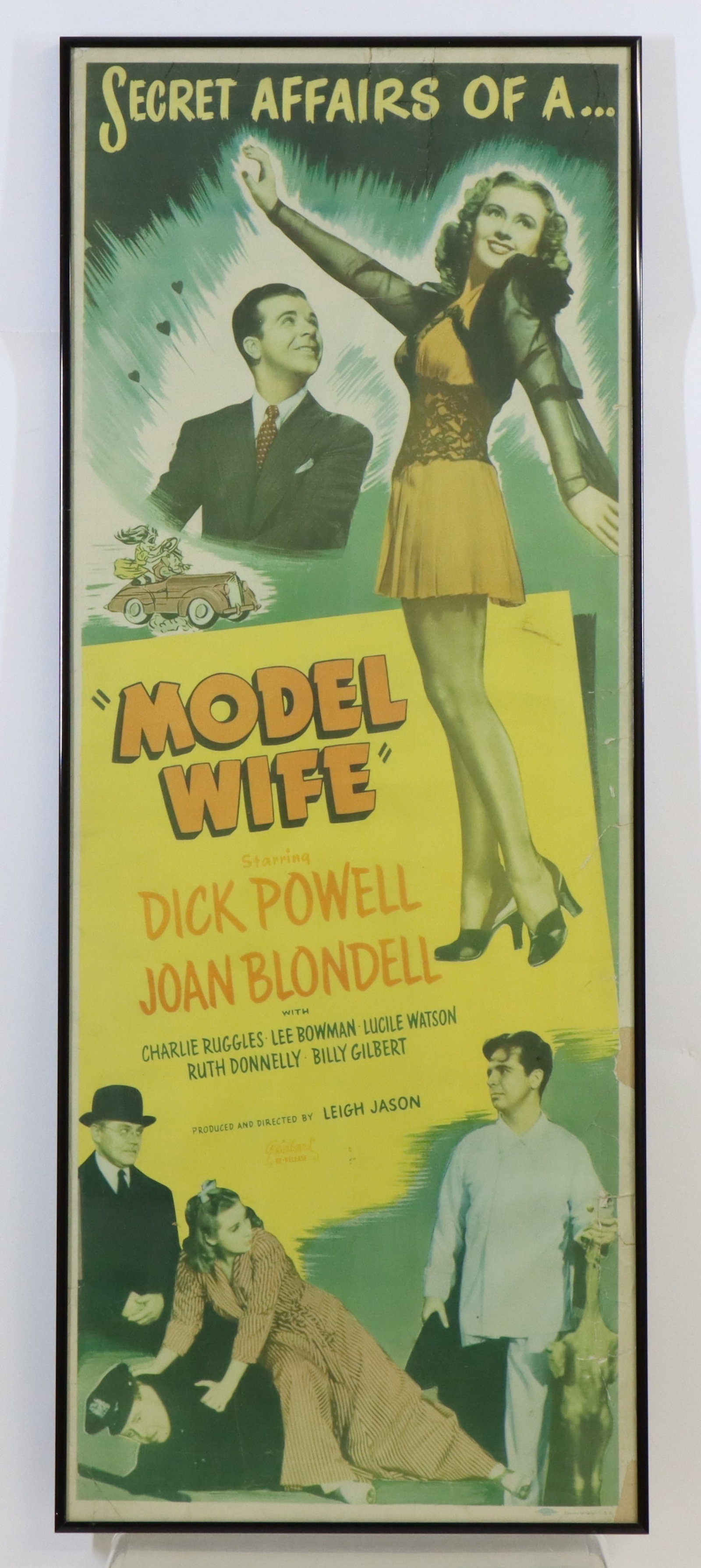 Secret Affairs of a Model Housewife Original Movie Poster: Original "Secret Affairs of a Model Wife" 1941 movie poster featuring Dick Powell and Joan Blondell, framed, slight wear and color fading. 36.25”h x 14.25”w framed