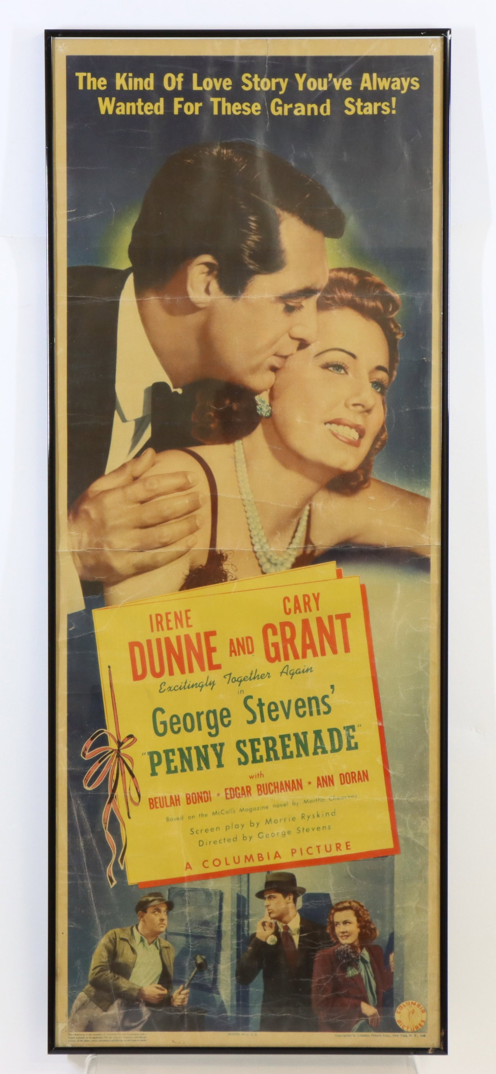 Penny Serenade Original Movie Poster: Original "Penny Serenade" 1941 movie poster featuring Cary Grant and Irene Dunne, framed, some wear and fold lines and wrinkles. 36.25”h x 14.25”w framed