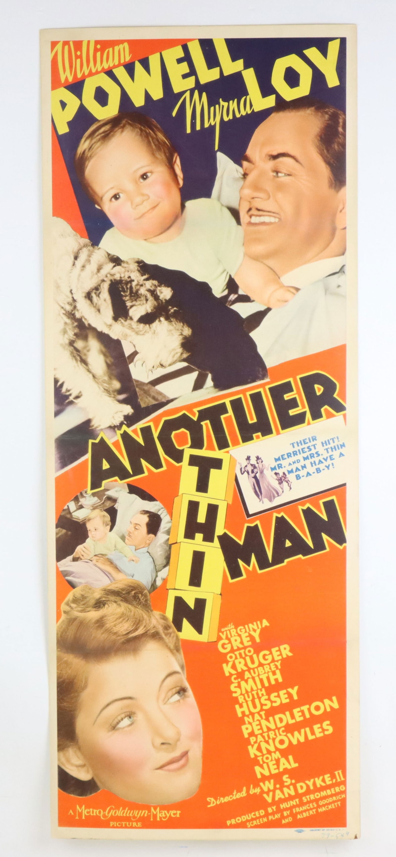 William Powell Original Movie Poster: Original "Another Thin Man" 1939 movie poster featuring William Powell and Myrna Loy, previously purchased at Heritage Comic Auctions, Inc. in 2006, labeled, slight wear. 36”h x 14”w