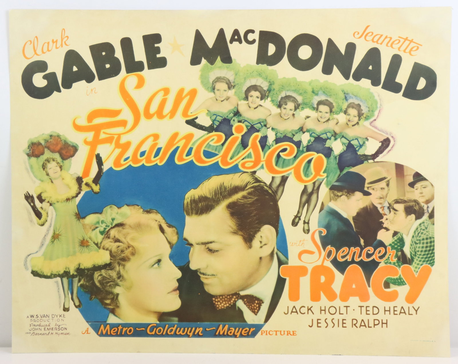 Clark Gable & Spencer Tracy Original Movie Poster: Original "San Francisco" 1936 movie poster featuring Clark Gable, Spencer Tracy and Jeanette MacDonald, previously purchased from Heritage Comic Auctions, Inc. in 2007, labeled, some color fading. 22&