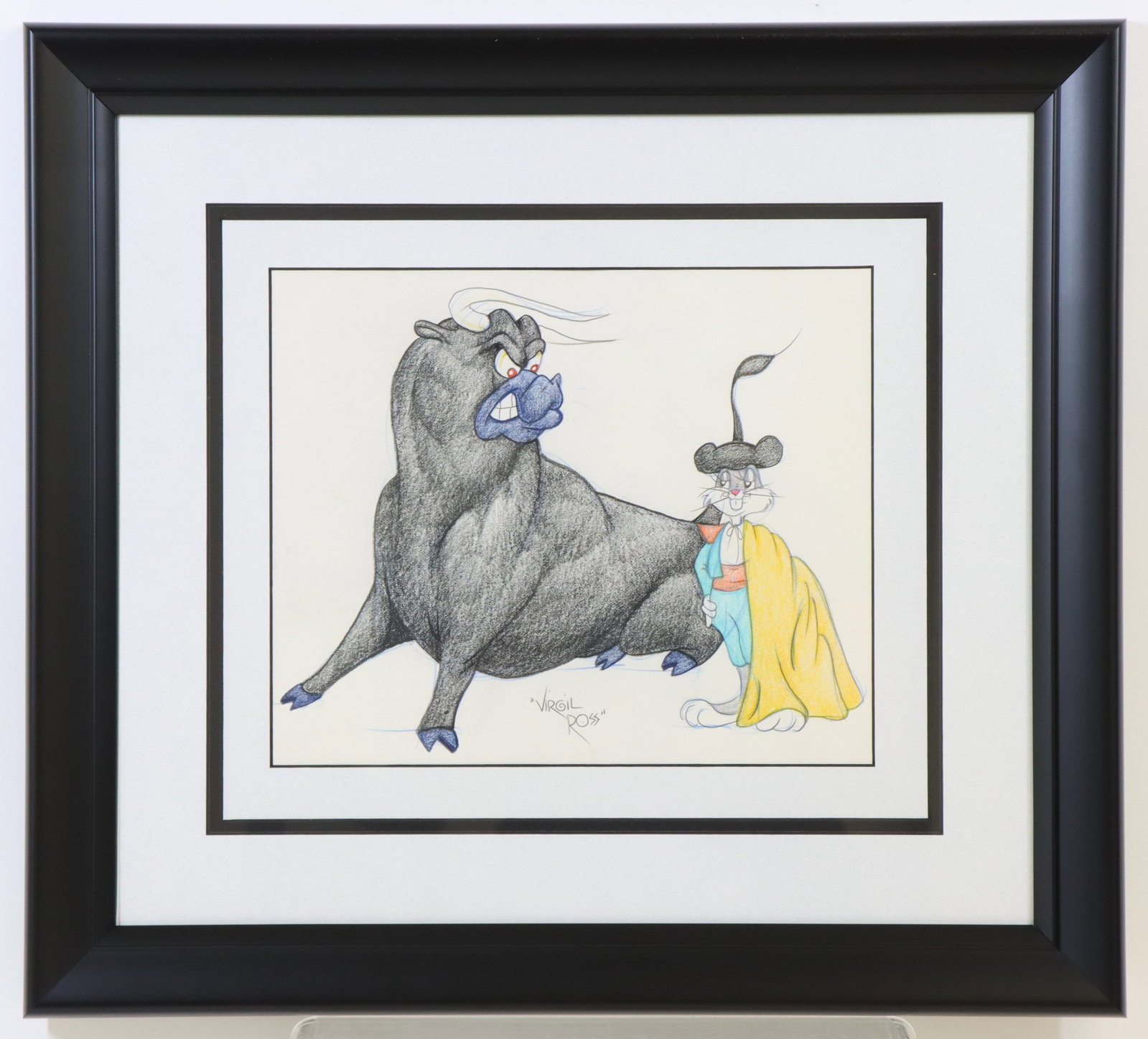 Warner Brothers Virgil Ross Bugs Bunny Drawing: Warner Brothers, Virgil Ross, drawing featuring Bugs Bunny and Bull from Bully for Bugs episode, signed, framed, includes COA. 19”h x 21”w framed