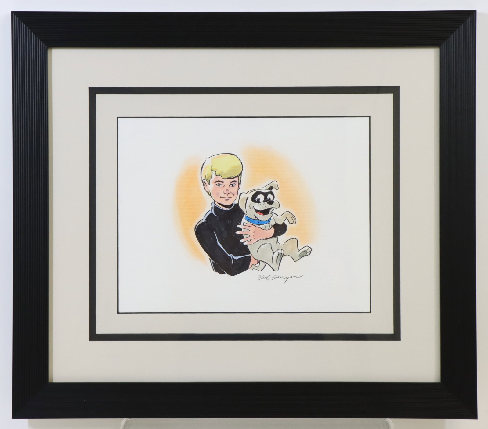 Jonny Quest Drawing by Bob Singer: Hanna Barbera's Jonny Quest and Bandit mixed media art by Bob Singer, signed with COA included, framed. 17.75”h x 20.25”w framed