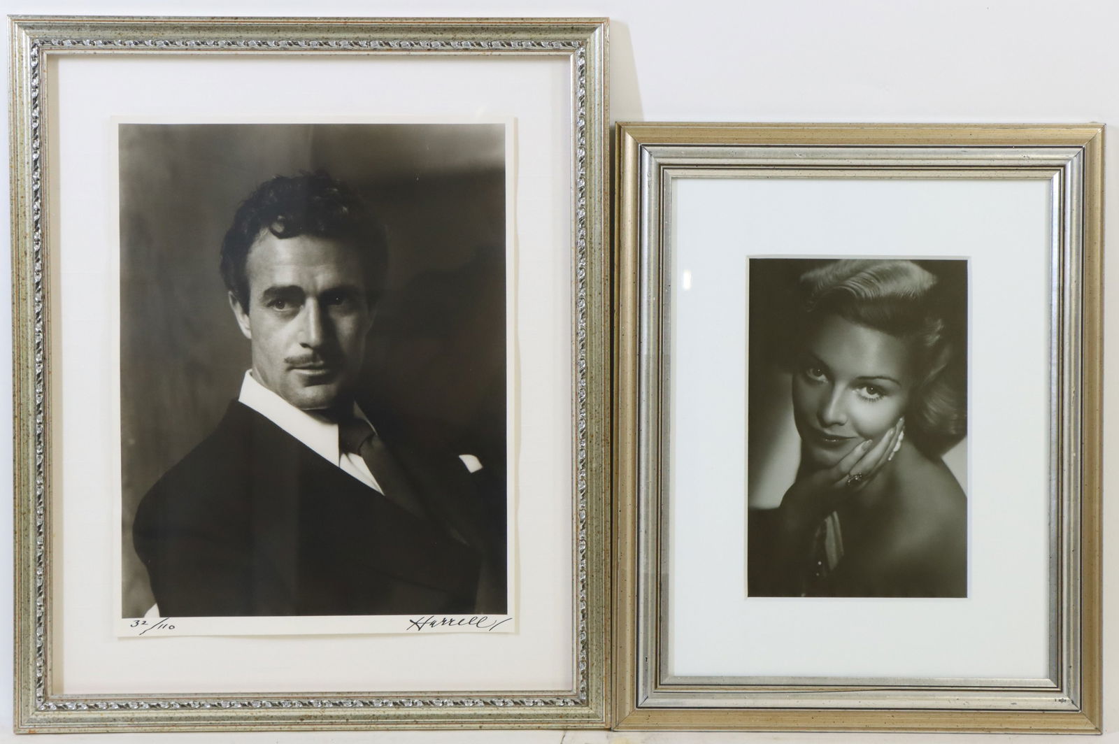 George Hurrell Photograph Portraits: George Hurrell signed photograph portraits (2), of Gilbert Roland (32/110) and Madeleine Carroll (1937), framed. Larger 19.5”h x 16.25”w framed