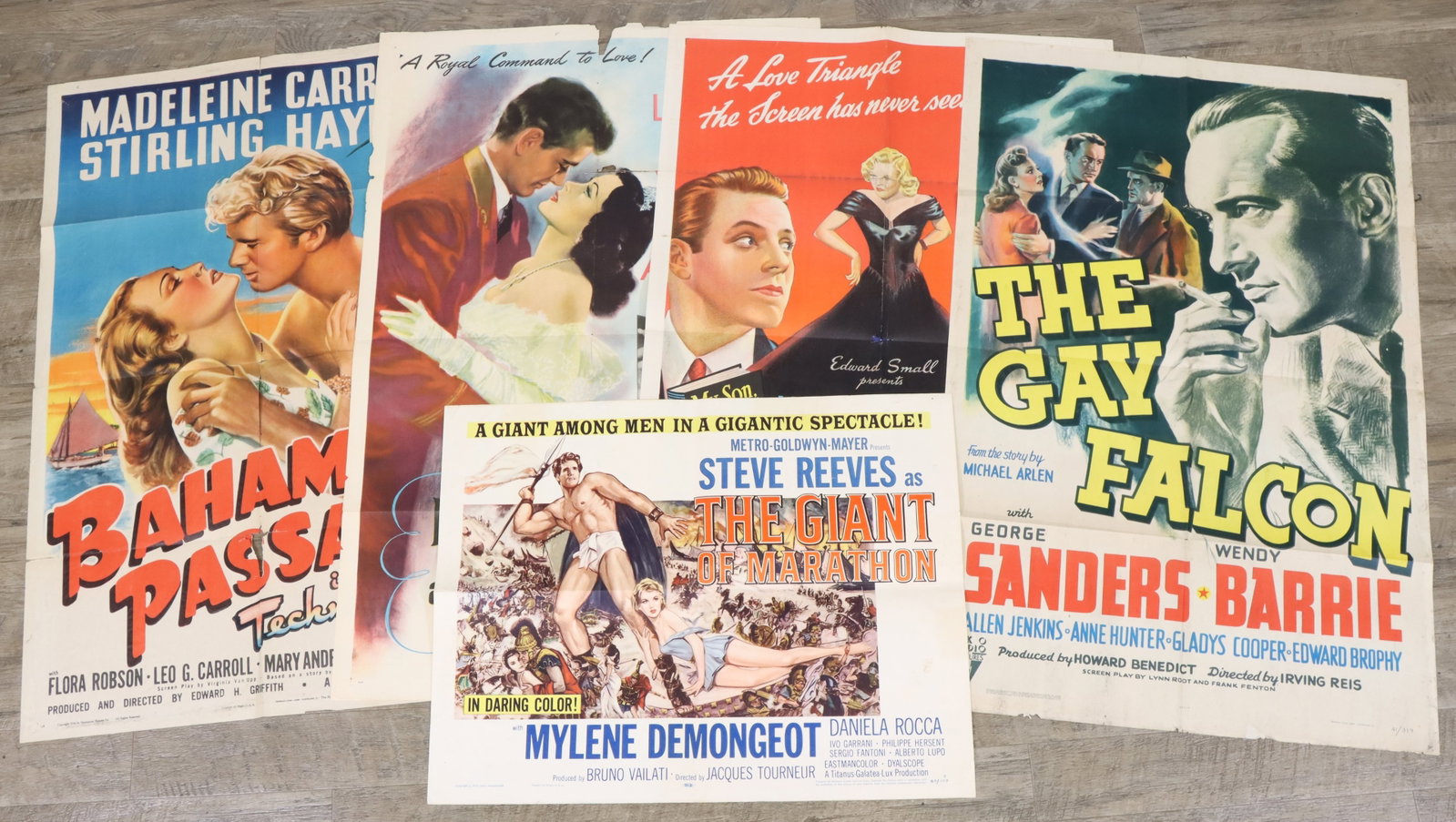 Classic Movie Posters: Original movie posters (5), folded, includes My Son, My Son (1940), The Gay Falcon (1941), Bahama Passage (1941), Her Highness and the Bellboy (1945) and The Giant of Marathon (1959), some wear, smal 