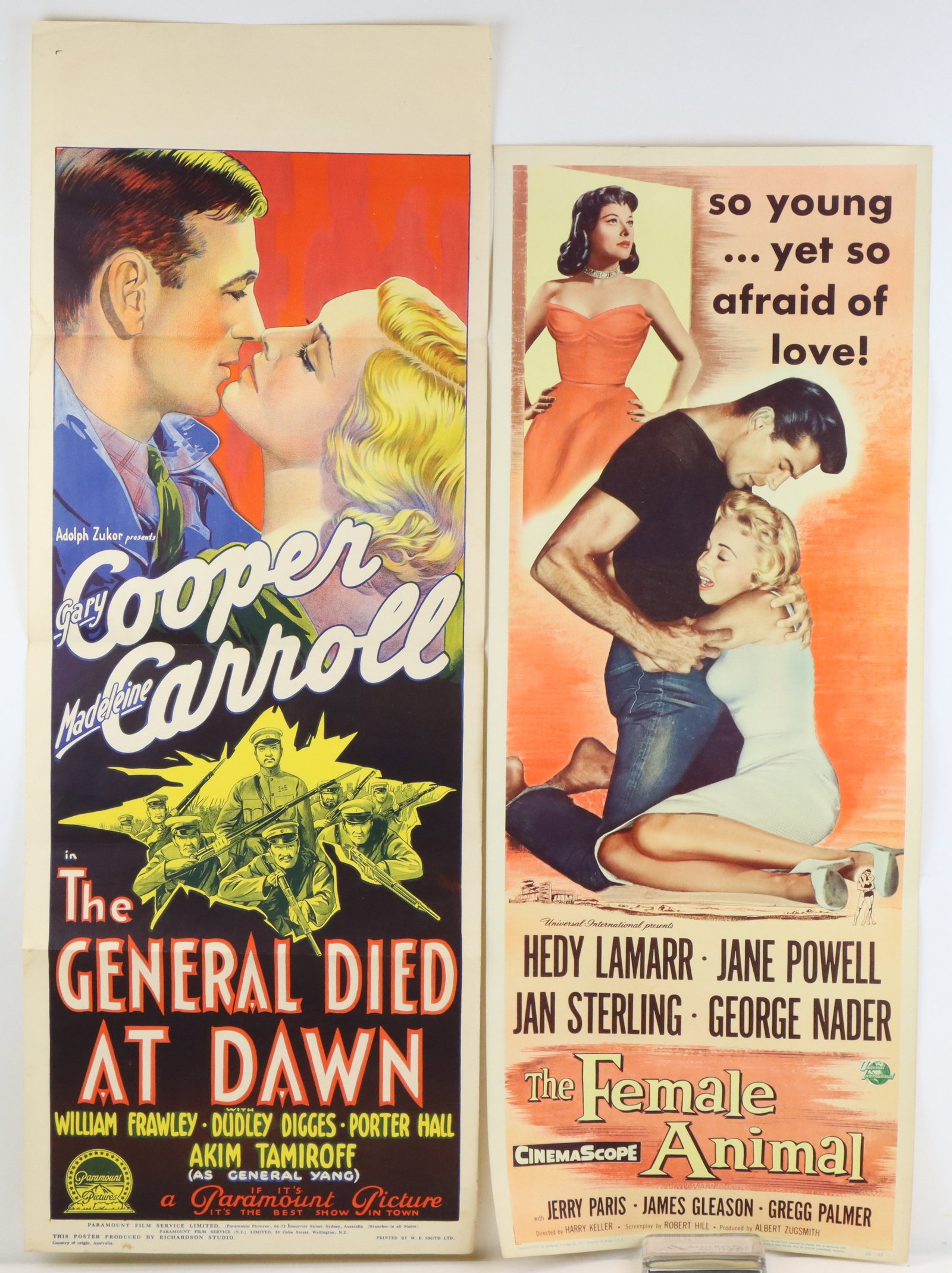 Hedy Lamarr & Gary Cooper Original Movie Posters: Original "The General Died at Dawn" (Gary Cooper) 1936 movie poster and "The Female Animal" (Hedy Lamaar) 1958 movie poster, both show slight wear and fading color. Larger 40”h x 14.75”w