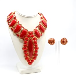 William de Lillo Red Cabochon Necklace and Earring Set