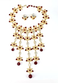 William de Lillo Red and Clear Crystal Fringe Necklace and Earrings