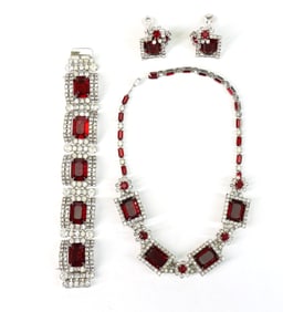 Kramer Ruby Red and Clear Rhinestone Suite