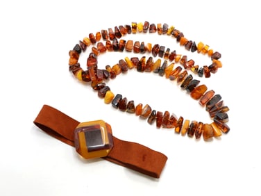 Amber Chip Bead Necklace and Bakelite Clasp Bracelet