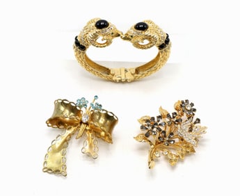Brooches and Gold-Tone Rams Head Bracelet