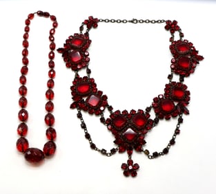 Red Crystal Statement Necklace and Faceted Bead Strand