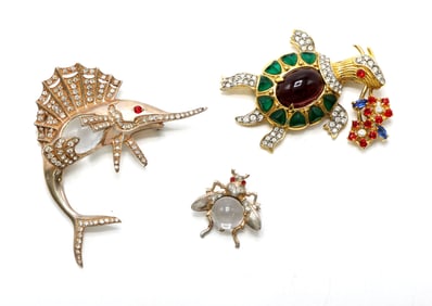 Hobe and Trifari Signed Brooches Featuring Bug, Turtle, and Sailfish Designs
