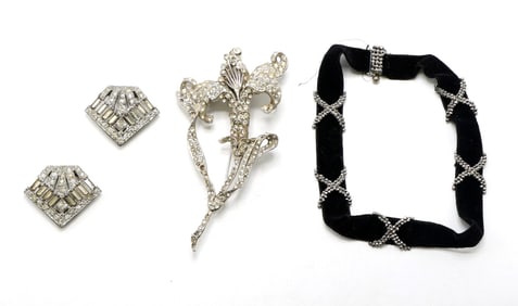 Art Deco Diamond Earrings, Rhinestone Lily Brooch, and Velvet Bracelet