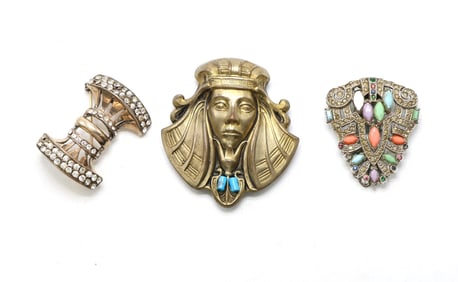 Three Art Deco Dress Clips with Rhinestones and Enameled Accents