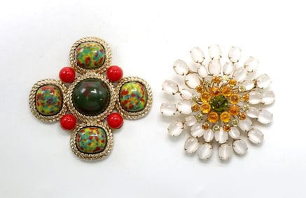 Gold-Tone Brooches with Glass Cabochons and Rhinestones