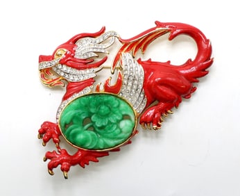 Trifari Gold-Tone Dragon Brooch with Enamel, Rhinestones, and Green Stone