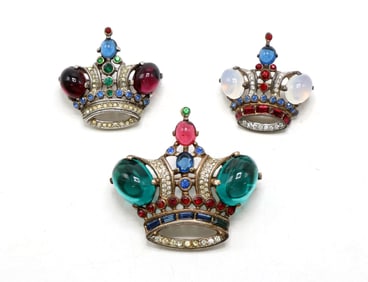 Trifari Sterling Crown Brooches with Multicolored Glass Stones
