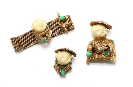 HAR Figurative Jewelry Suite with Faux Jade and Rhinestones