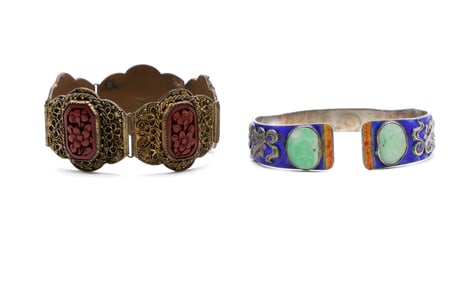 Carved Floral Bracelet and Enameled Cuff with Ornate Details