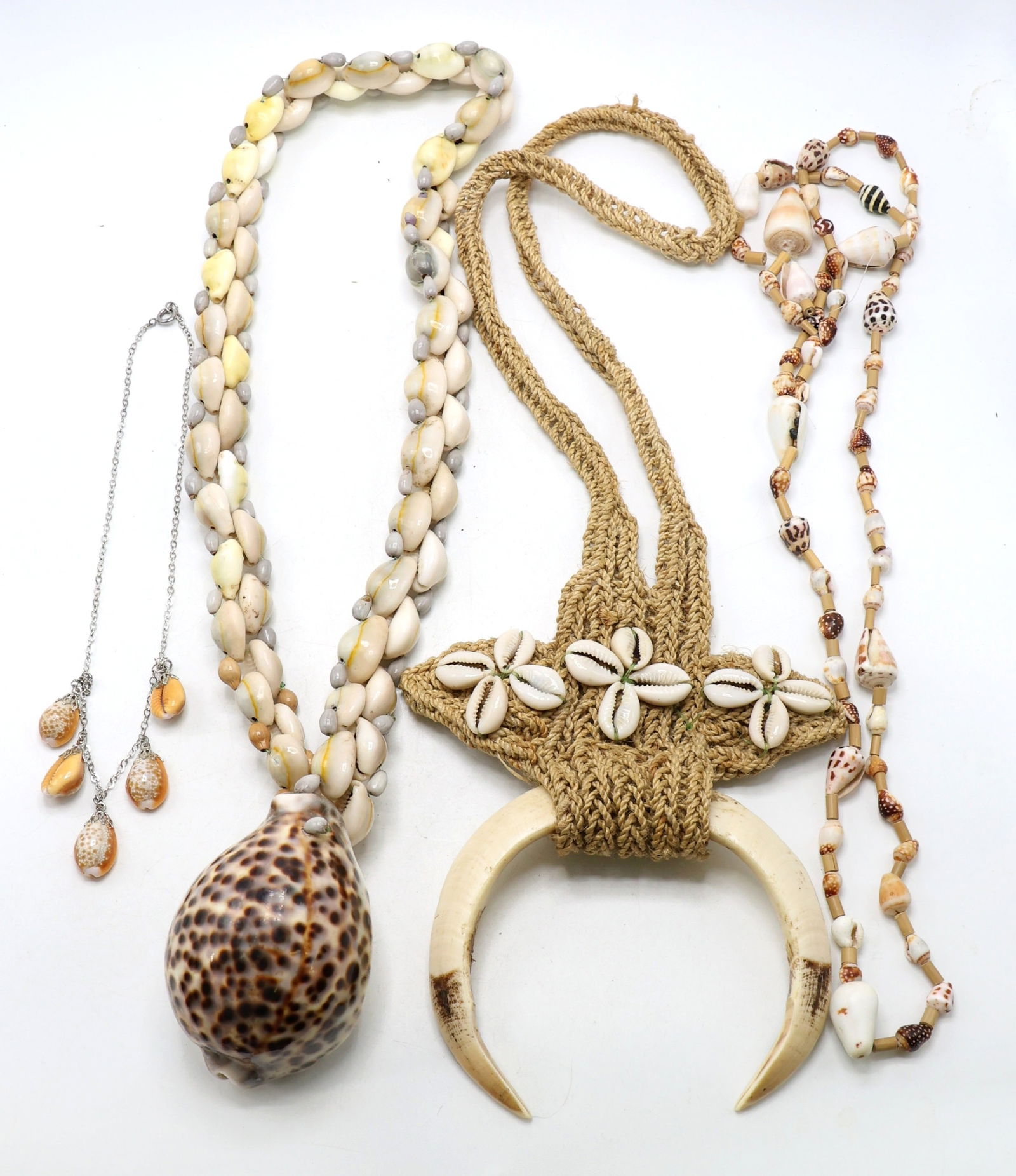 Shell and Fiber Necklaces with Metal Chain Shell Necklace: Collection includes a shell necklace with a strand of various shells in beige, brown, and white tones, a metal chain necklace featuring five suspended shell pendants, a braided fiber necklace with cow