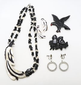 Black And White Jewelry Including Necklace, Earrings, And Brooches