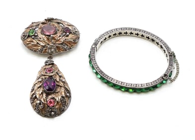 Hobe Sterling Pendant Brooch and Sterling Bracelet with Green Stones