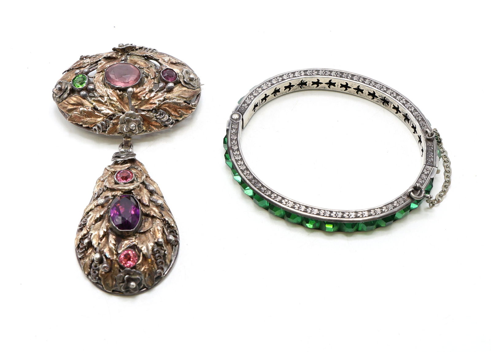 Hobe Sterling Pendant Brooch and Sterling Bracelet with Green Stones (1 of 8)