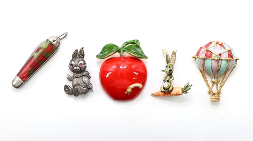 Collectible Brooches and Folding Knife with Multicolor Handles