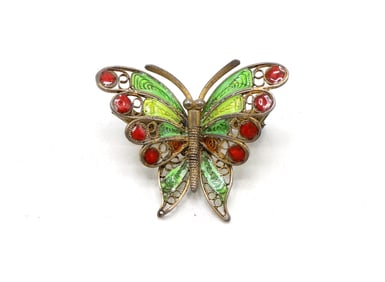Silver Butterfly Brooch with Green and Red Enamel