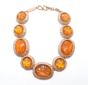 Yves St. Laurent Necklace with Engraved Gold-Tone Links and Amber-Colored Stones