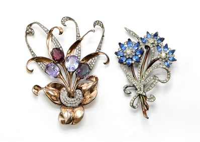 Rhinestone and Gemstone Floral Brooches