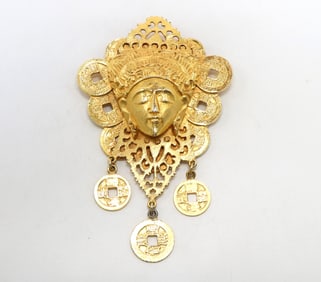 Gold-Tone Mask Brooch with Dangling Coin Motif