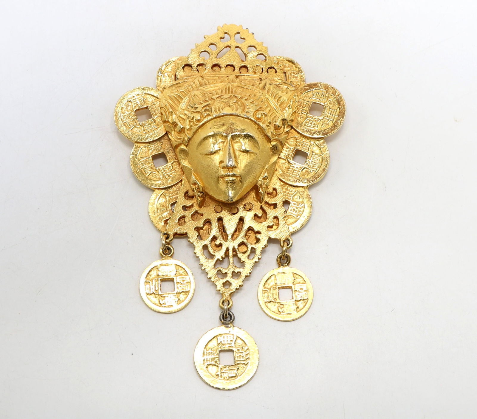 Gold-Tone Mask Brooch with Dangling Coin Motif (1 of 2)