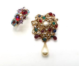 Iradj Moini Gold-Tone Bracelet and Brooch with Multicolor Stones