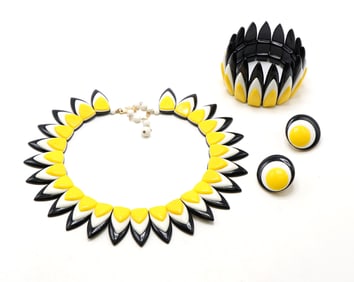 Trifari Enamel Necklace, Bracelet, and Clip-On Earrings Set