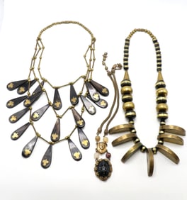 Miriam Haskell, Brass and Bead Egyptian Revival Necklace with Two Additional Necklaces