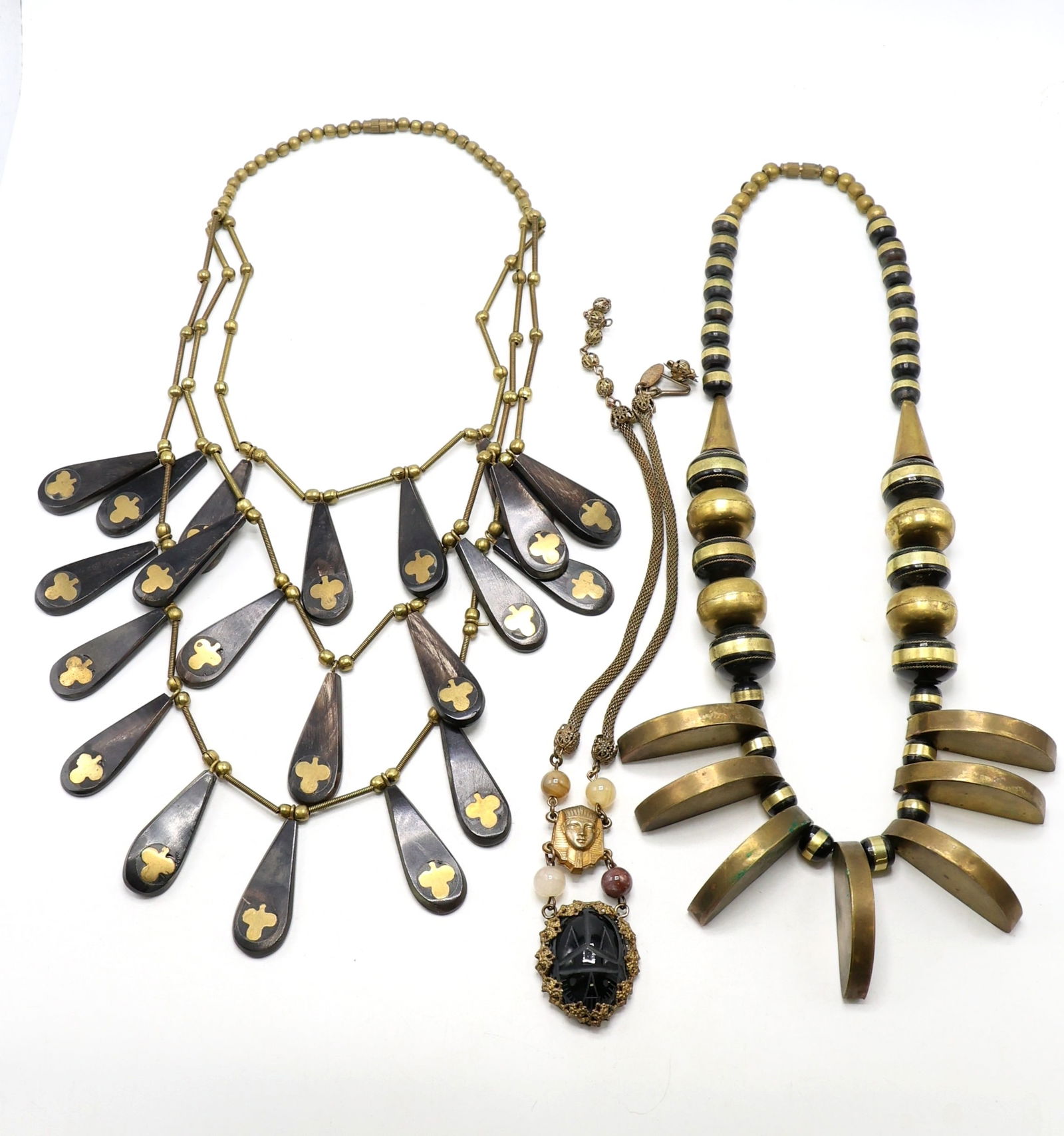 Miriam Haskell, Brass and Bead Egyptian Revival Necklace with Two Additional Necklaces (1 of 9)