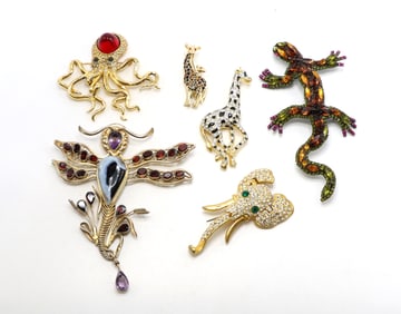 Animal-Themed Gold Tone and Enamel Brooches