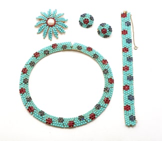 Trifari Turquoise, Red, and Blue Rhinestone Jewelry Set