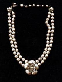 Miriam Haskell Double-Strand Pearl Necklace with Floral Centerpiece
