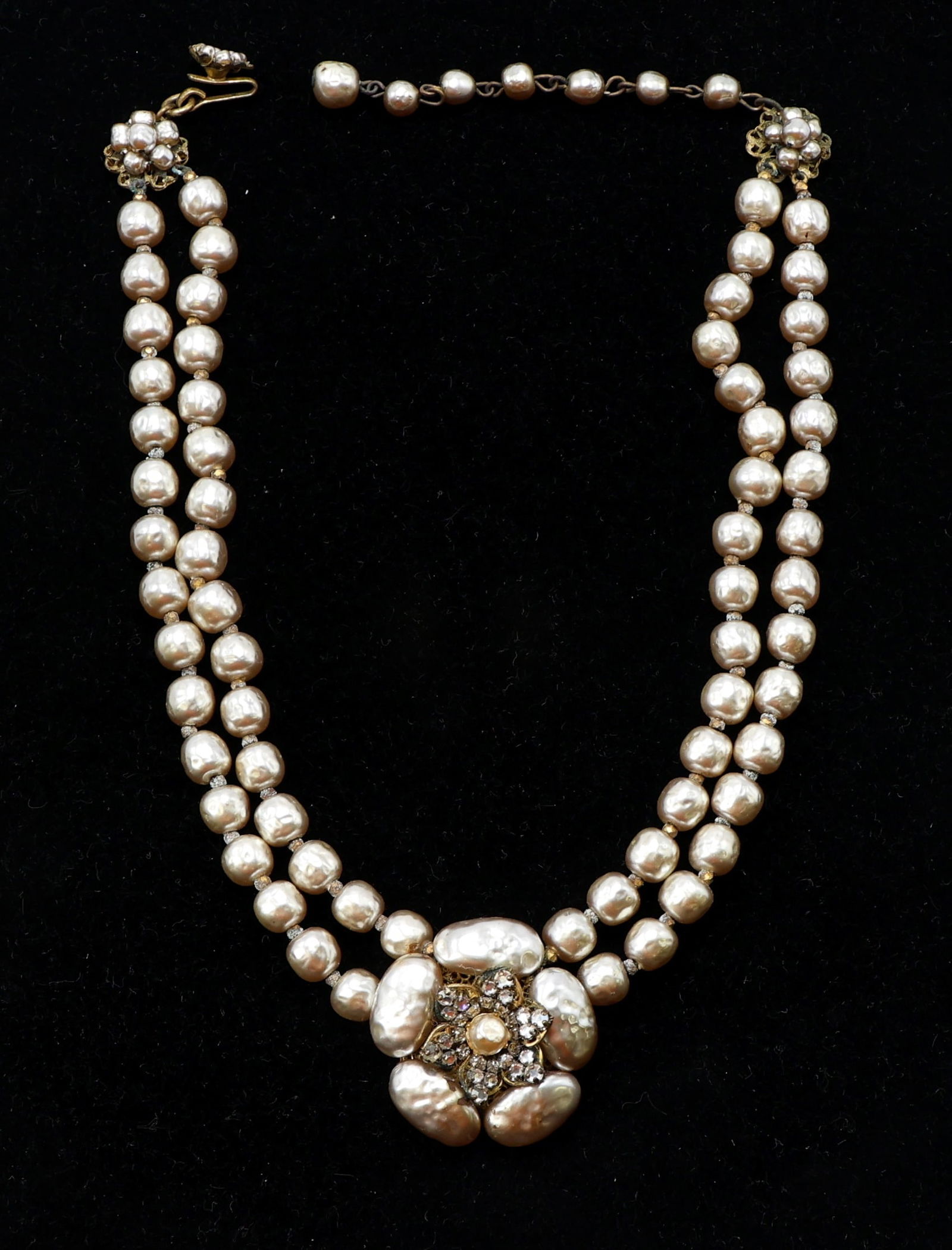 Miriam Haskell Double-Strand Pearl Necklace with Floral Centerpiece (1 of 4)