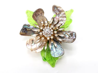 Laurence Vrba Floral Brooch With Abalone, Glass, and Rhinestones