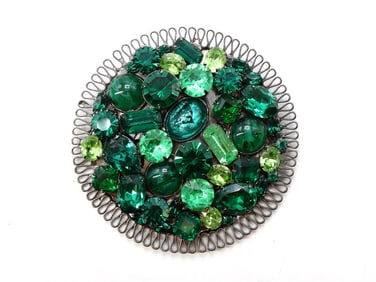 Lawrence VRBA Metal and Glass Brooch with Green Stones